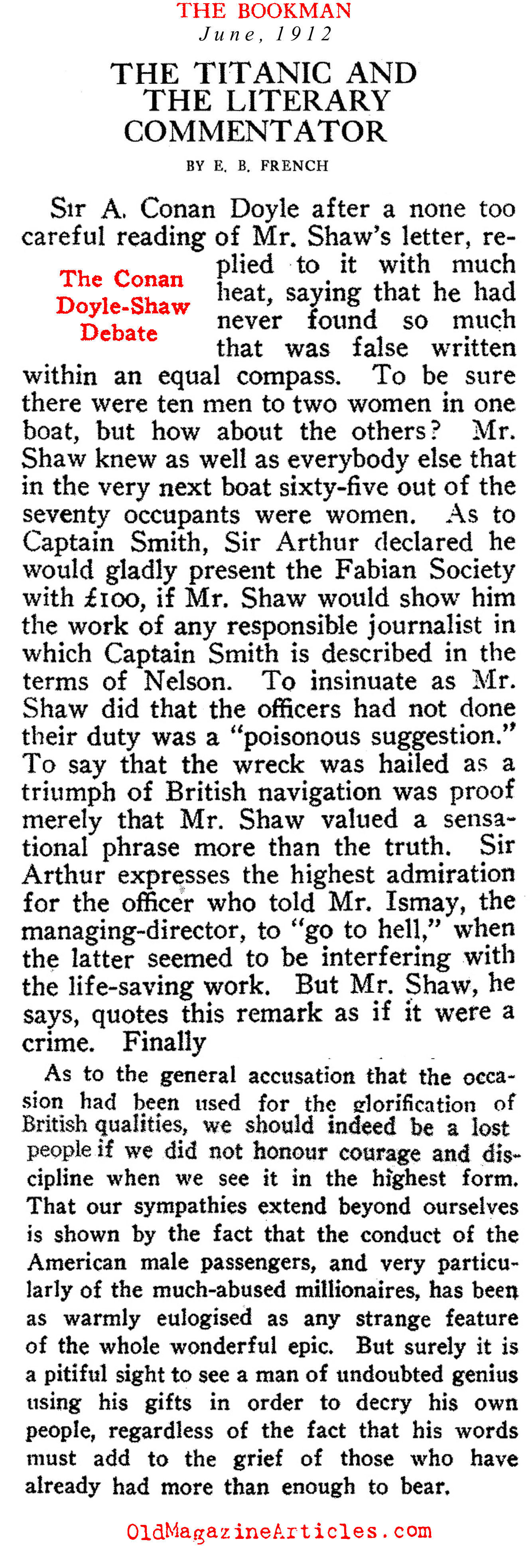 Sir Arthur Conan Doyle Debated G.B. Shaw  (The Bookman, 1912)